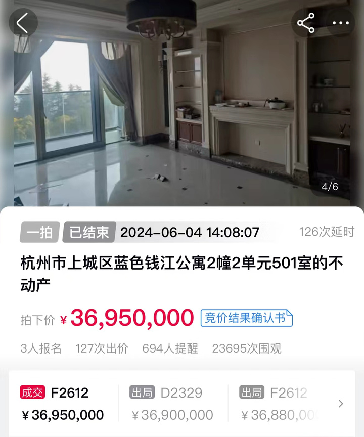 全面取消限购后豪宅法拍房价格回落,蓝色钱江10.23万元/m²成交