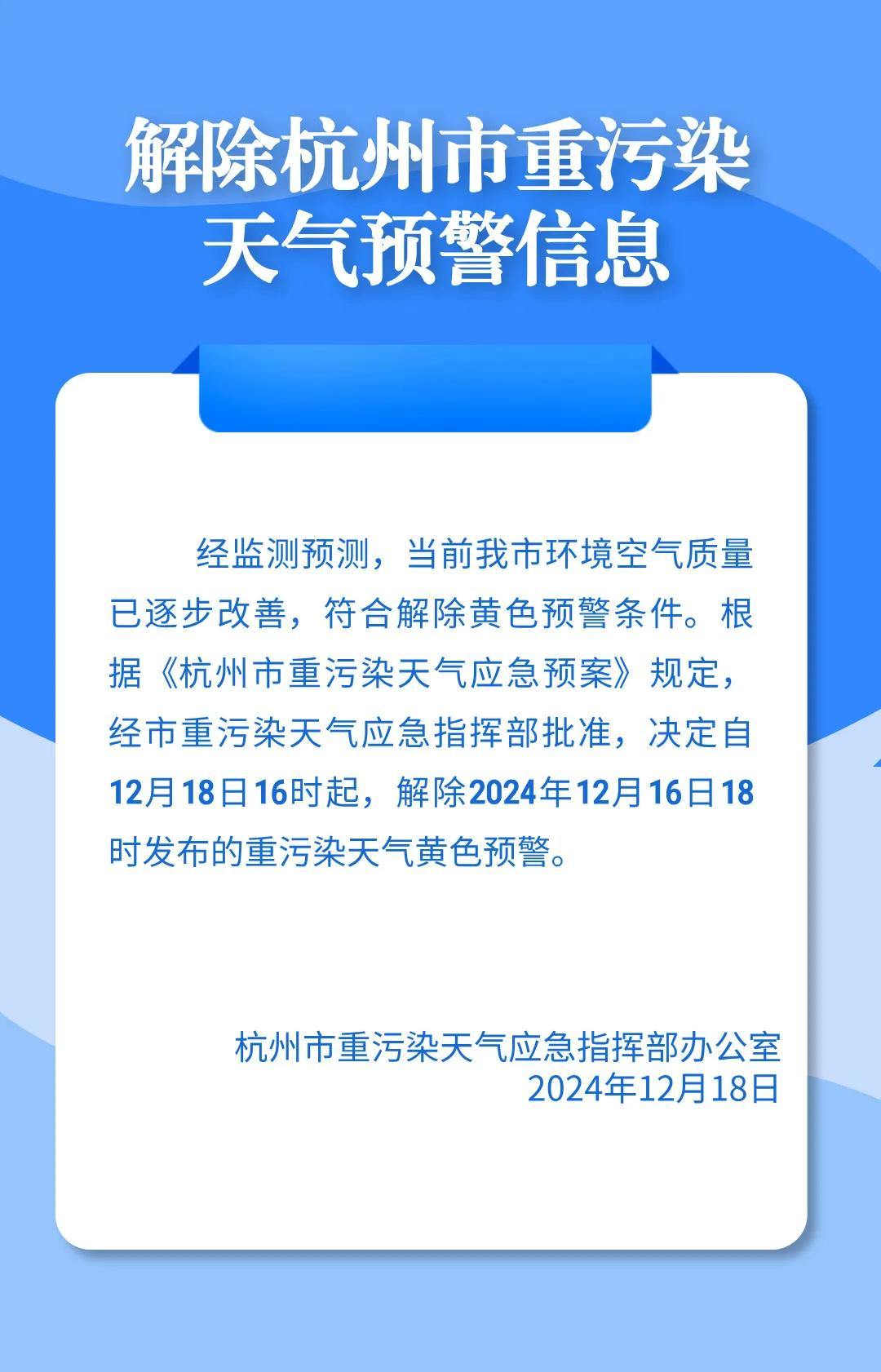 今日16时起 杭州市解除重污染天气黄色预警