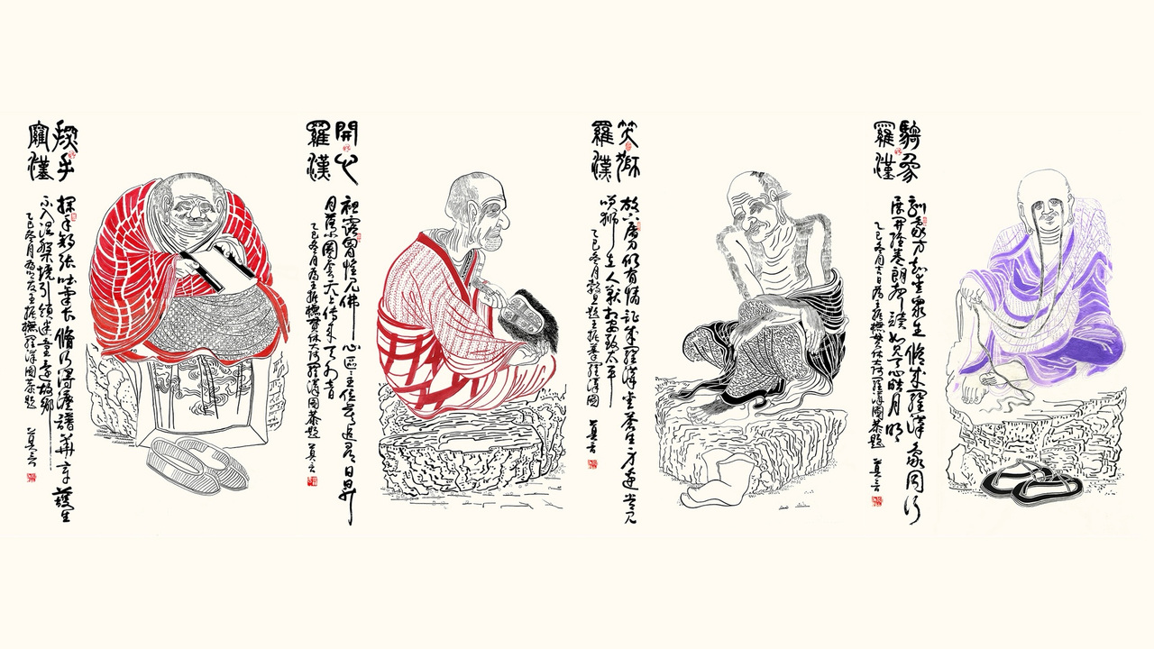 窑变｜莫言为王振《摹贯休十六罗汉图》题款，16幅你最喜欢哪一幅？