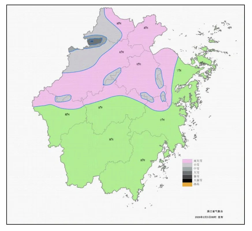 6日至7日雨雪预报图。图源:浙江天气